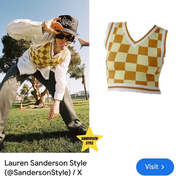 URBAN OUTFITTERS VEST CHECKERED CROPPED KNITTED SZ S YELLOW/BROWN KAWAII PREPPY - Picture 5 of 16